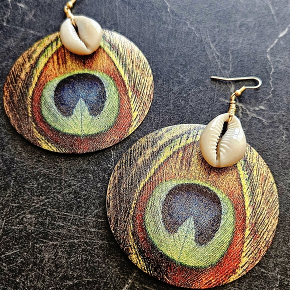 Peacock Feather Earrings with Cowrie Shells - Picture 1 of 5